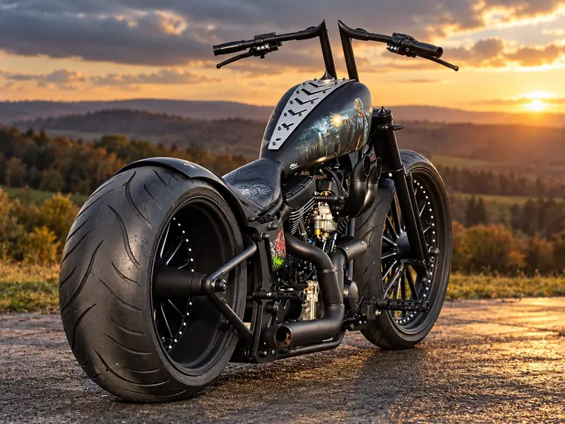 Schwarzer Harley-Davidson-Umbau Hitman mit Airbrush-Tank im Abendlicht