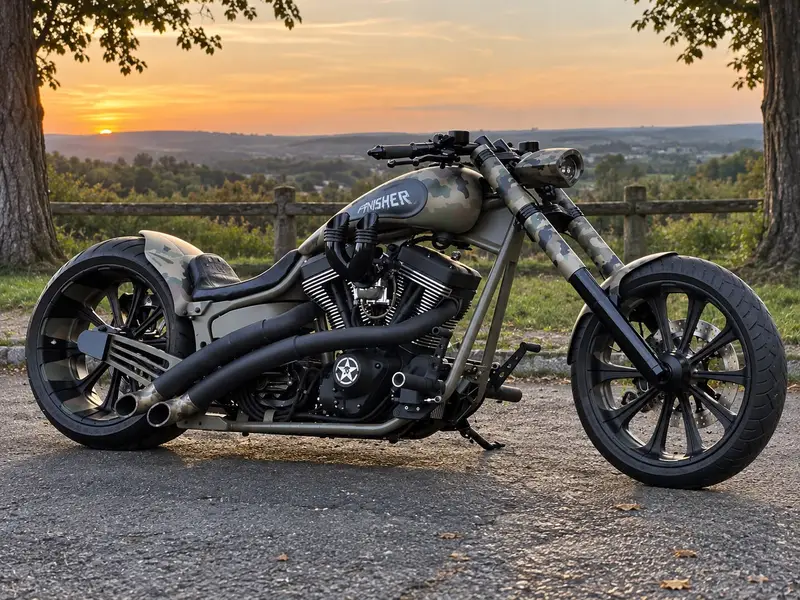 Harley-Davidson-Umbau Punisher in Tarnlackierung bei Sonnenuntergang