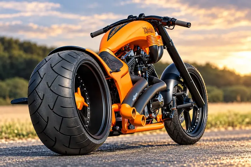 Oranger Harley-Davidson-Umbau Diablo mit breitem Hinterreifen